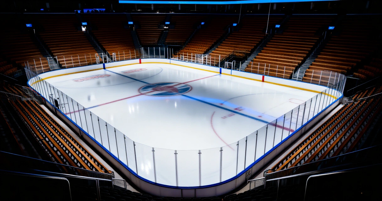 Tom professionell ishockeyrink med dramatisk belysning och speglande is