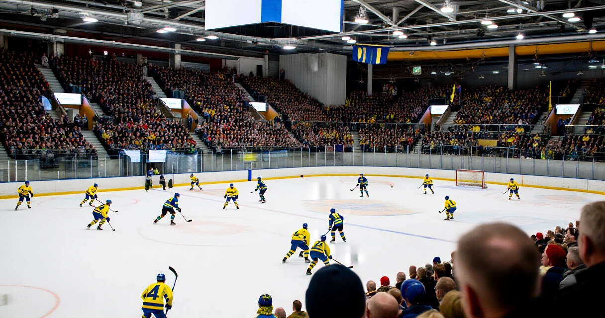 Ishockeymatch i en fullsatt svensk inomhushall med åskådare och spelare på isen